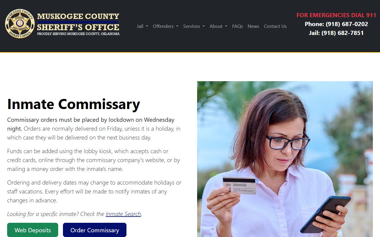 Muskogee County Jail commissary page with JailATM deposit and order instructions