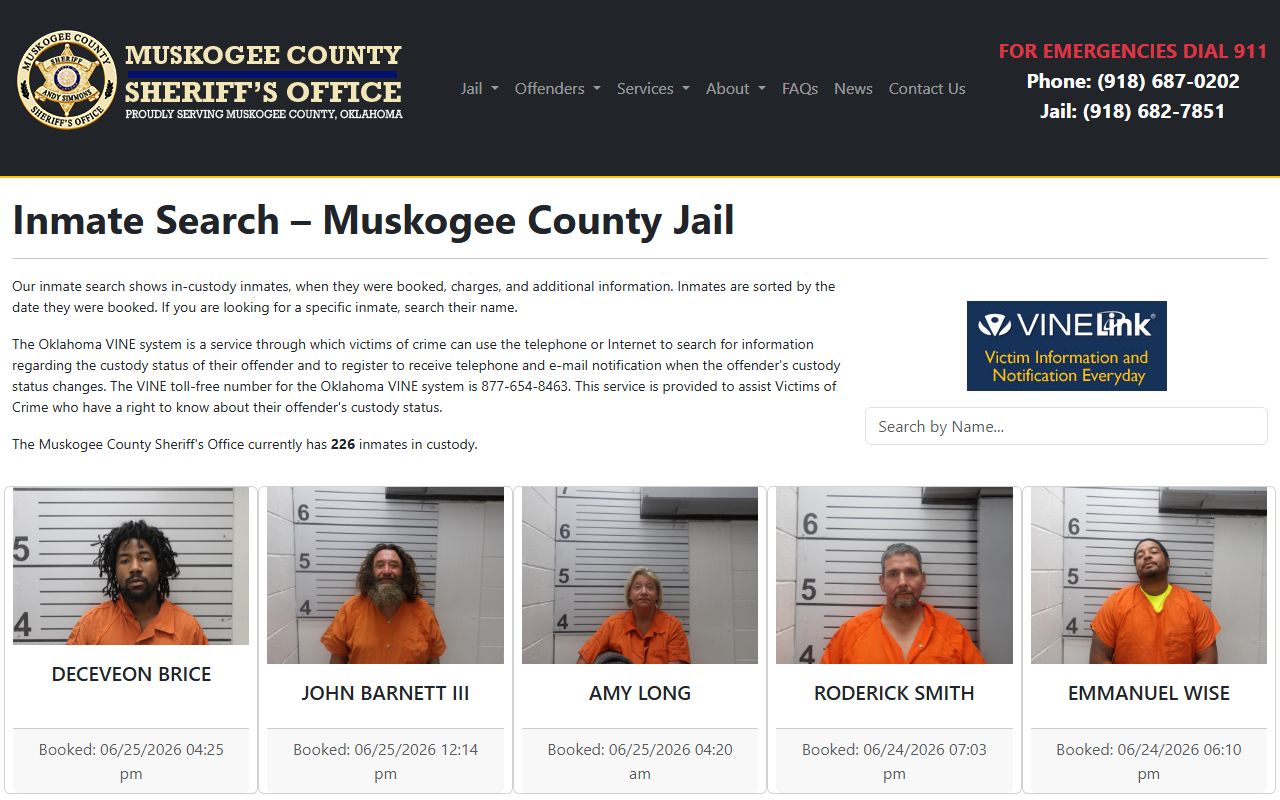 Muskogee County inmate roster search field and current jail custody records