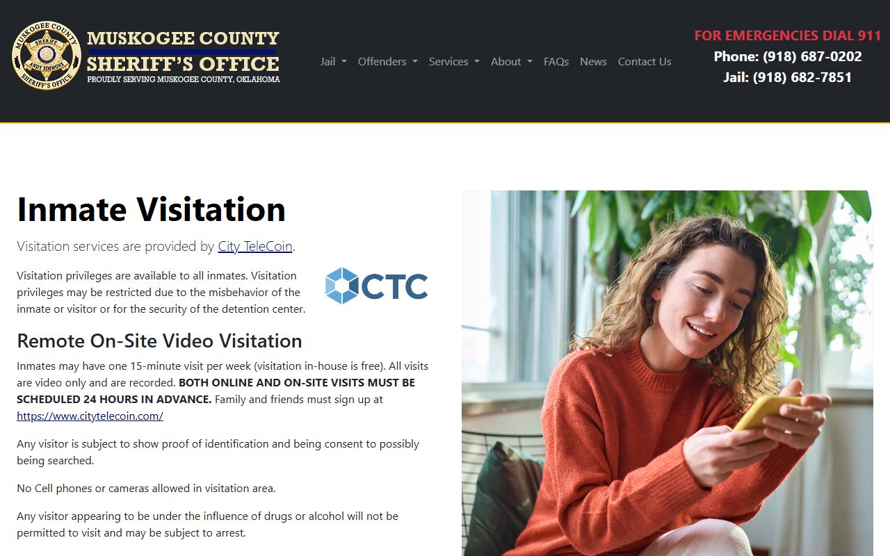 Muskogee County Jail visitation rules page showing City TeleCoin video visitation requirements