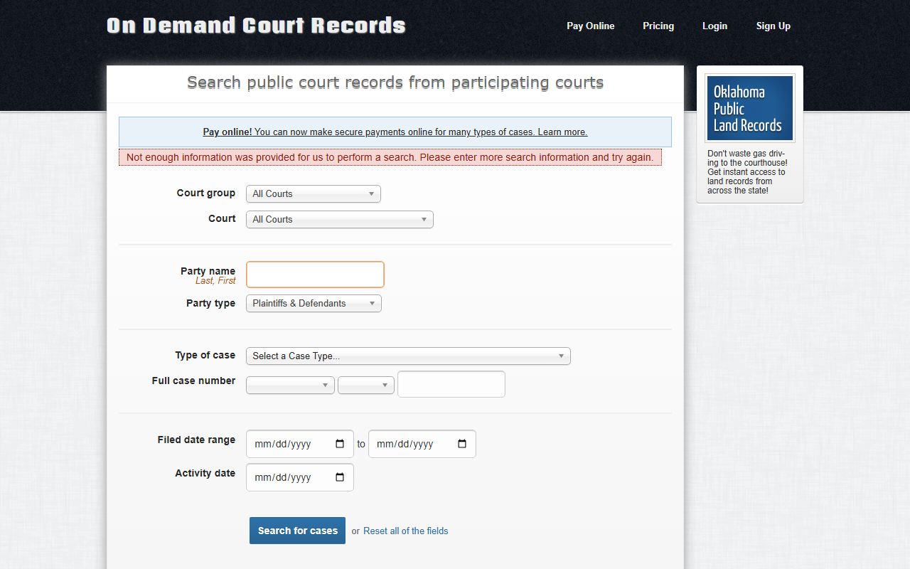 ODCR Muskogee County court records after arrest search fields
