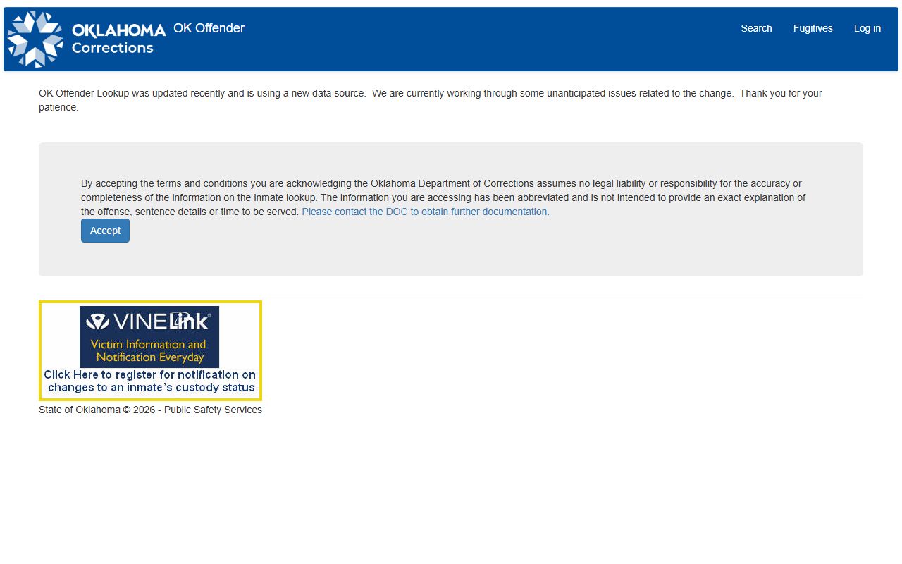 OK Offender Lookup disclaimer and search entry page
